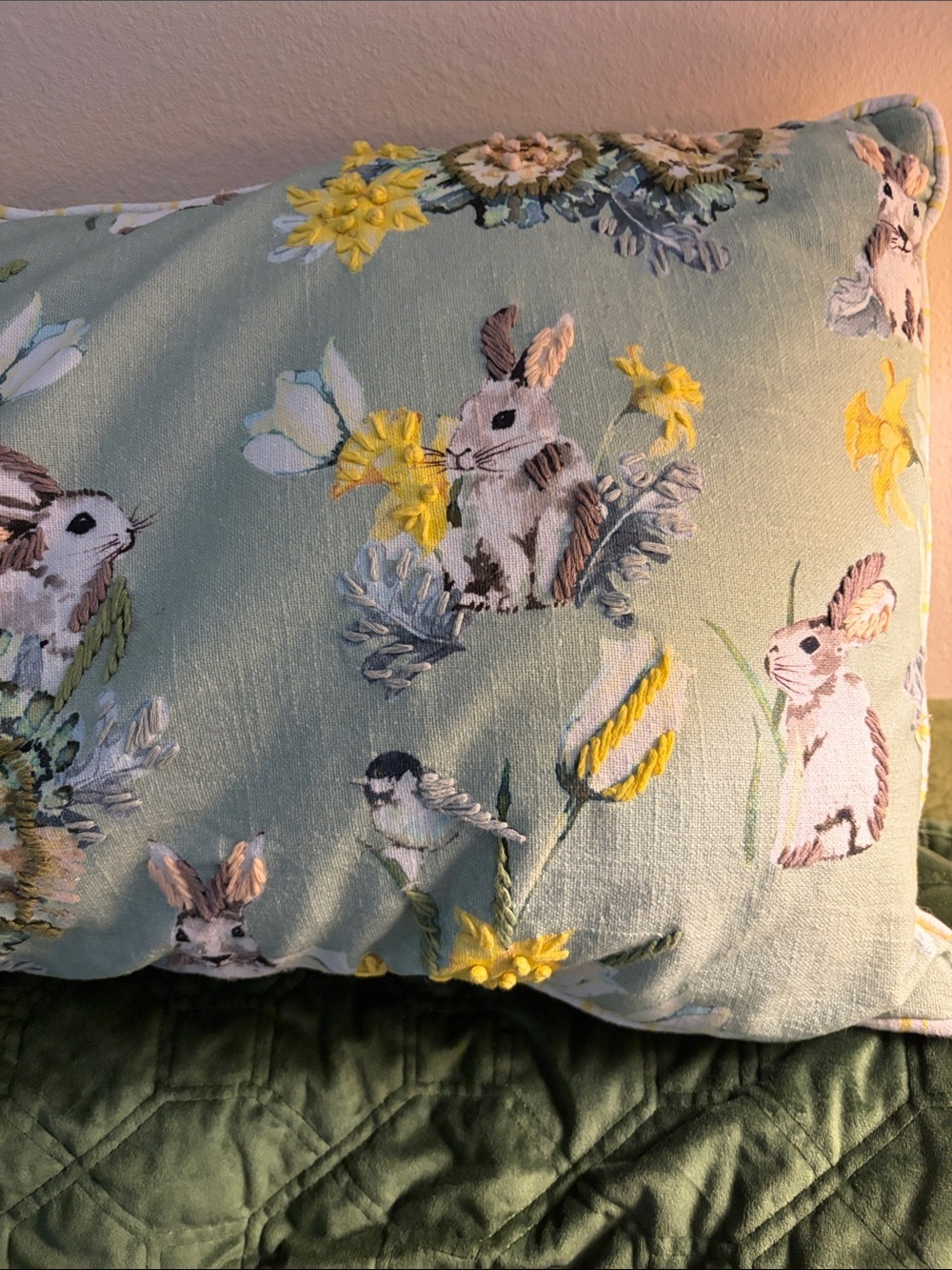 Accent pillow birds, daffodils,, tulips,rabbits in greens, yellows, blues, - Picture 4 of 5